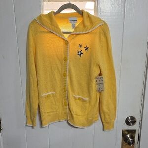 NWT Breckenridge Petite Womens Cardigan Sweater Yellow Embroidery Nautical Sz PM